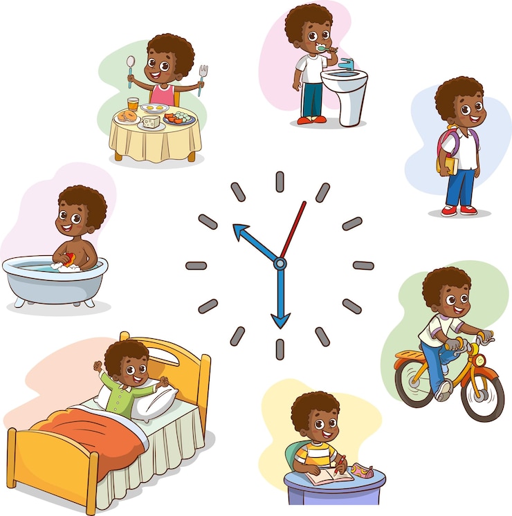 Vecteur routine quotidienne du garçon activités et habitudes quotidiennes des enfants horloge de cadran
