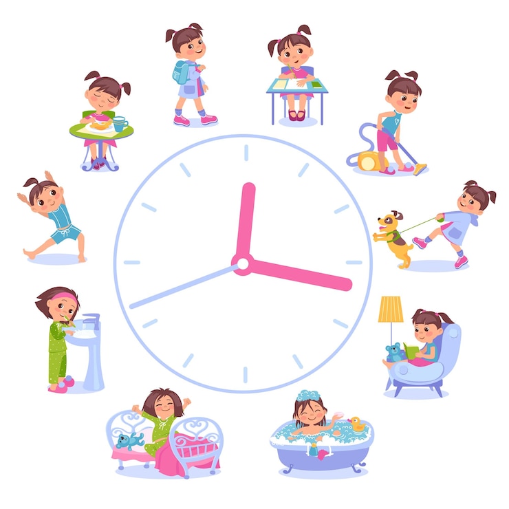 Vecteur routine quotidienne des filles cadran d'horloge avec différentes scènes d'activités petit enfant dormant et prenant son petit-déjeuner hygiène et étude temps d'entraînement ou de lecture splendide concept vectoriel