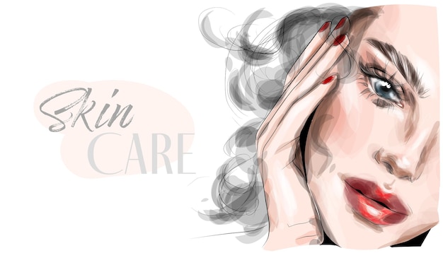 Routine de soins de la peau. Croquis de femme de mode. Concept de beauté spa. Illustration vectorielle dessinée à la main.