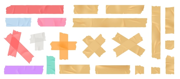 Ruban adhésif Scotch couleur colle de bureau bandes de papier Bandage collant bande de bandes réalistes différentes éléments déchirés éléments vectoriels décoratifs isolés