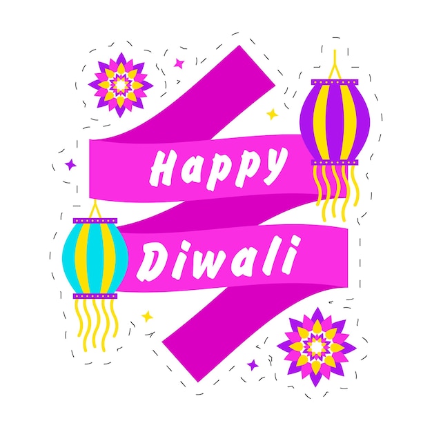 Ruban de message Happy Diwali avec lanternes et fleurs suspendues Kandeel sur fond blanc