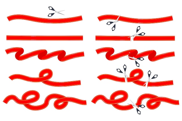 Vecteur ruban rouge avec jeu de dessin animé de ciseaux isolé sur fond blanc.