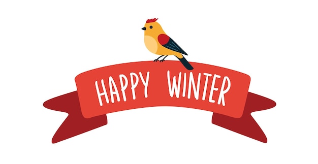 Vecteur un ruban rouge avec le texte happy winter et un oiseau coloré au-dessus d'une illustration vectorielle