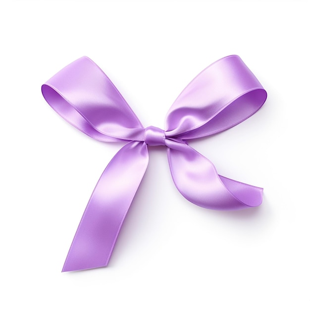 un ruban violet avec un arc sur lui est posé sur une surface blanche
