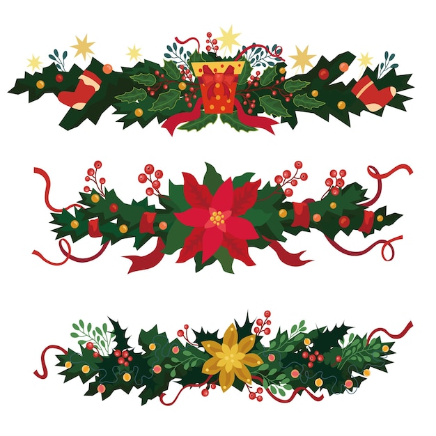 Vecteur des rubans de noël avec des cadeaux des branches d'arbres de noël des chaussettes de poincetti et des cadeaux