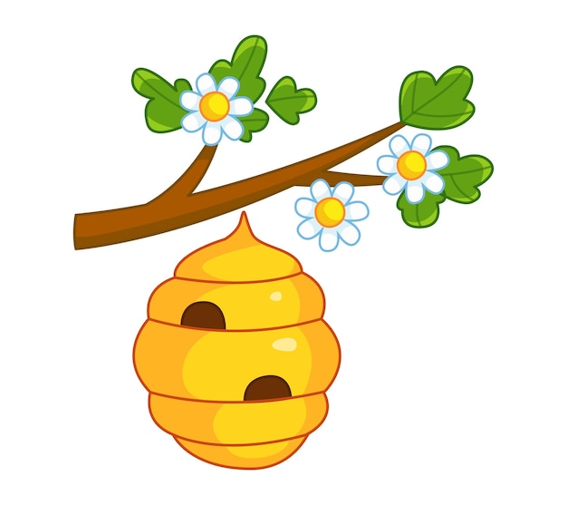 Vecteur une ruche d'abeilles est accrochée à une branche d'arbre illustration vectorielle dans un style enfantin de dessin animé clipart amusant isolé