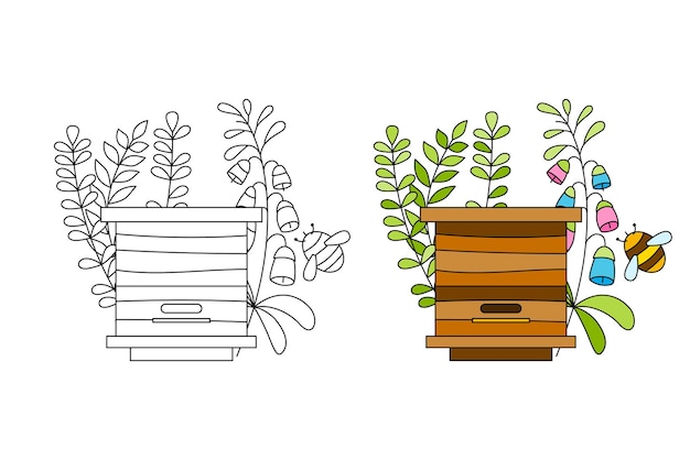 Une ruche une maison pour les abeilles Livre de coloriage pour enfants avec un échantillon de couleur