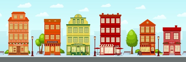 Vecteur rue commerçante européenne dessin animé ville mignon maison façade extérieur boutique et café bâtiments modèle sans couture ville paysage bannière vectorielle récente