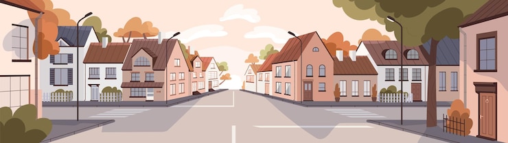 Vecteur rue de la ville au coucher du soleil en été. panorama de la ville avec route, trottoir, maisons dans le quartier résidentiel urbain. arrière-plan du paysage urbain vide avec bâtiments, arbres et horizon. illustration vectorielle plate colorée