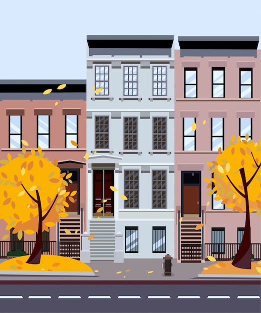 Rue de la ville d'automne. Maisons de trois à quatre étages. Paysage urbain de rue. Paysage urbain avec arbres d'automne au premier plan