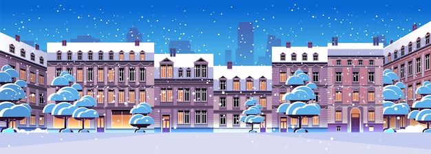 Vecteur rue de la ville d'hiver de nuit avec des maisons modernes façade de bâtiments urbains extérieurs fond de paysage urbain horizontal