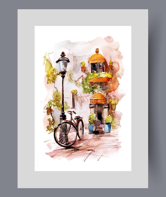 Rue de la ville avec vélo près du lampadaire et de la façade d'un vieux bâtiment sur l'art mural à l'aquarelle