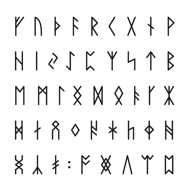 Runes vikings Alphabet celtique runique Signes médiévaux mythiques nordiques Rune de jeu mystère Lettres anciennes et symboles magiques Ensemble vectoriel occulte scandinave bien rangé