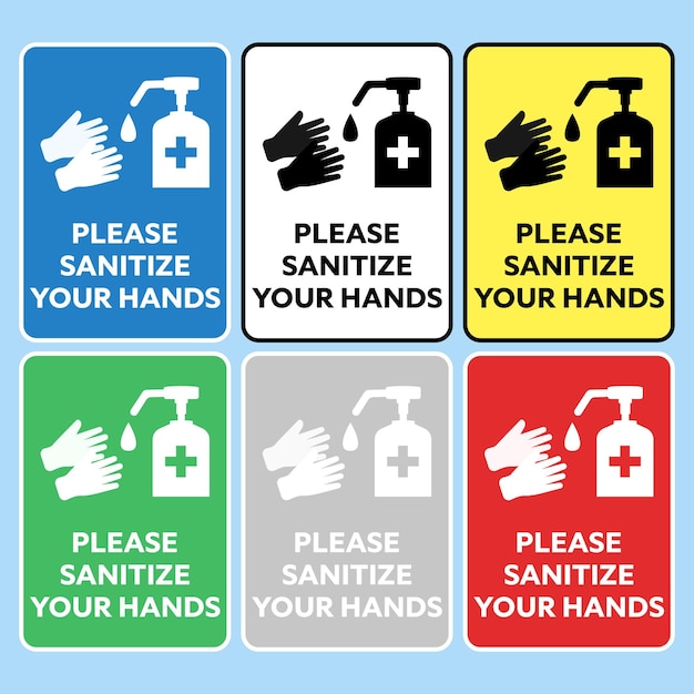 S'il vous plaît désinfecter vos mains jaune blanc vert rouge gris bleu panneau d'affichage illustration vectorielle