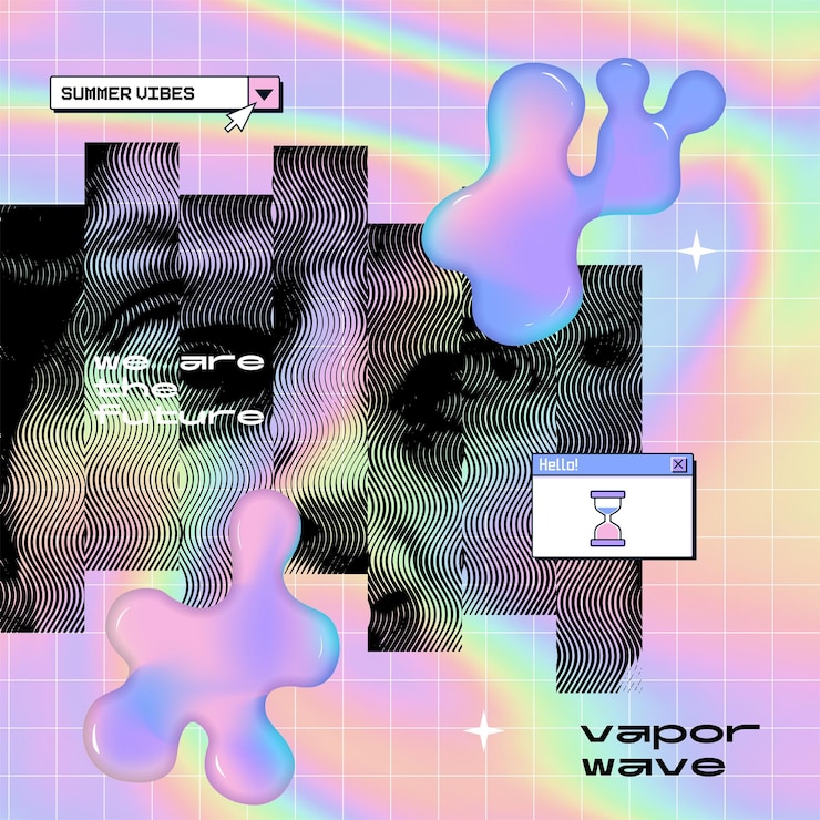 Vecteur s s collage holographique dans le style vaporwave d'une statue de buste romaine ancienne un fluide abstrait