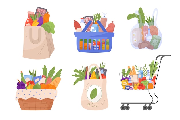 Sac alimentaire du marché Basket plein d'épiceries du supermarché Vente de magasin de livraison éléments de dessins animés isolés Fruits et légumes de l'épicerie Viande et poisson Vector magasin de détail illustration grincheuse
