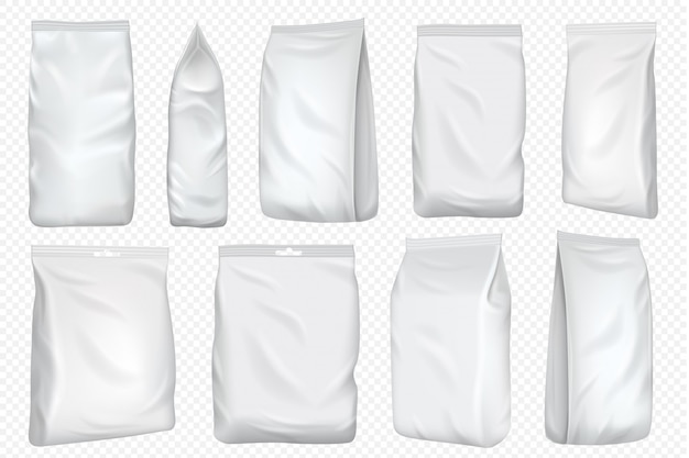 Vecteur sac en aluminium. emballage en plastique et modèle de pochette en papier. sac de papier alimentaire vide pour collation isolé sur fond transparent. paquet blanc maquette pour la conception de packs de café et de thé.