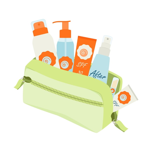 Vecteur sac cosmétique avec un ensemble de produits cosmétiques pour le bronzage illustration vectorielle isolée