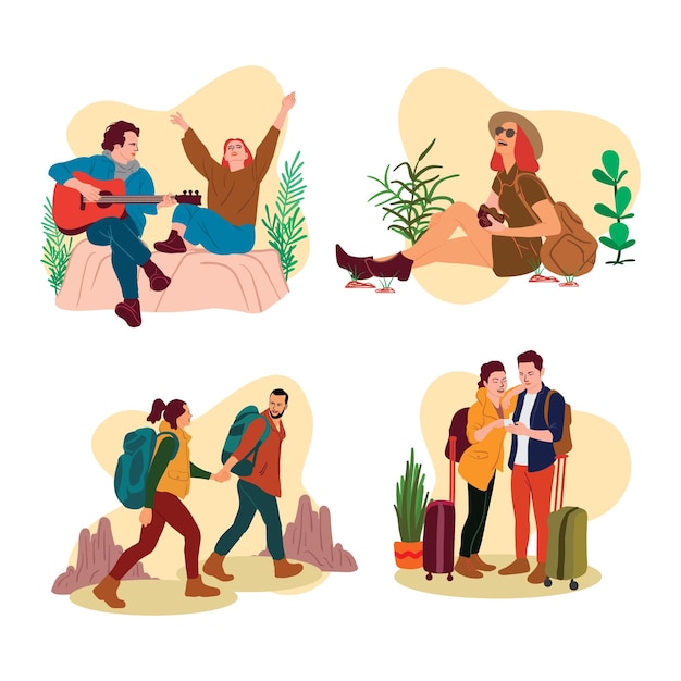 Sac à Dos De Couple Marchant En Plein Air, Voyageant Autour Du Monde, Voyageant à Plat Illustration