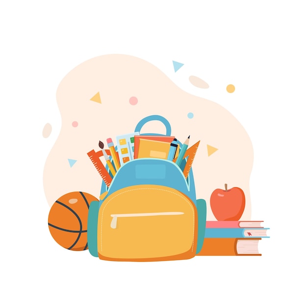 Sac à Dos D'école Avec Des éléments D'éducation Livres Fixes Boule Et Pomme Illustration Vectorielle Plane De Dessin Animé