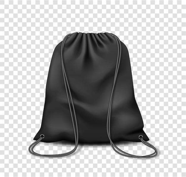 Sac à dos maquette noir. Pochette isolée de sac à dos à cordon sur fond blanc. Sac de modèle vierge pour les vêtements de sport ou les voyages décontractés. Illustration vectorielle