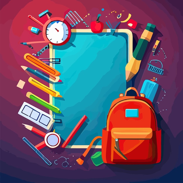 Vecteur sac à dos rouge sur table avec des fournitures scolaires qui en sortent étude scolaire ou concept de journée des enseignants