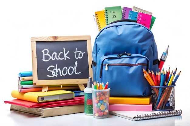 Sac à dos scolaire avec de la papeterie sur la table dans la salle de classe de retour à l'école