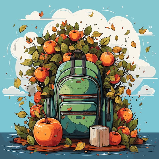 Sac à dos vert avec des oranges et des feuilles autour sur fond bleu