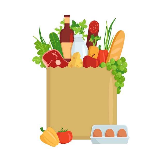 Sac d'épicerie avec des légumes, des fruits et des produits du supermarché
