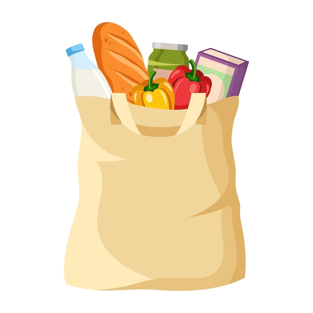 Un sac d'épicerie rempli d'aliments sur une illustration vectorielle sur fond blanc