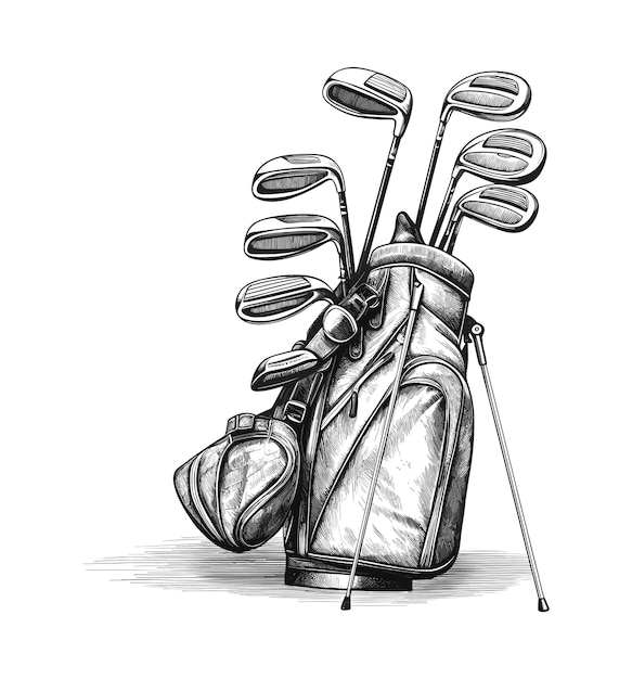 Vecteur sac de golf dessiné à la main plein de clubs