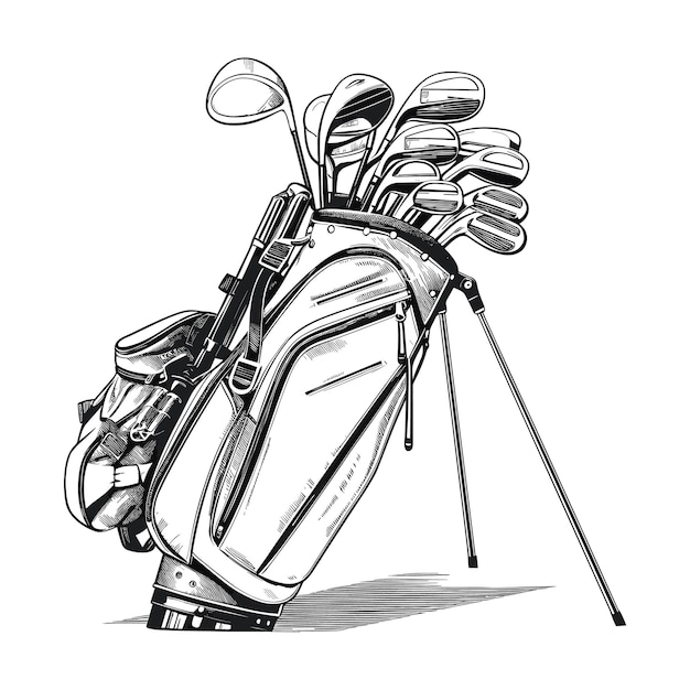 Vecteur sac de golf dessiné à la main plein de clubs