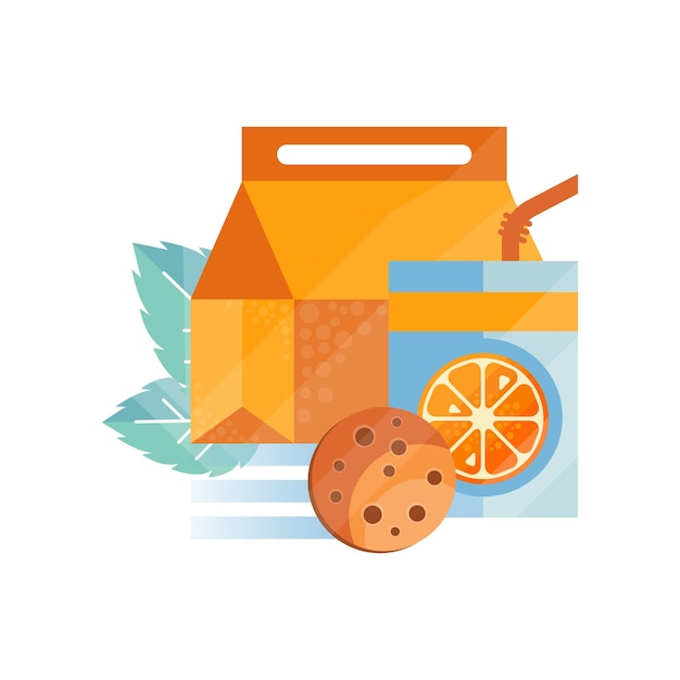 Sac à Lunch Avec Cookie Et Jus D'orange Des Aliments Sains Pour Les Enfants Et Les étudiants Vecteur De L'heure Du Déjeuner Des Enfants Illustration Sur Fond Blanc