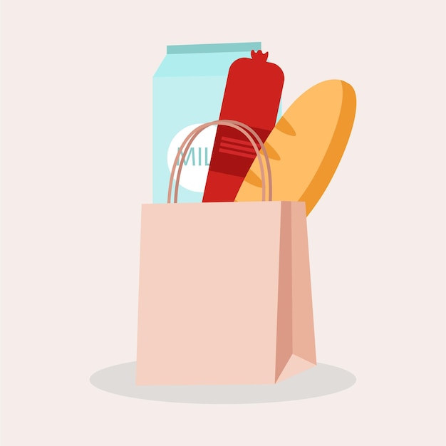 Un sac en papier de nourriture Achat en ligne de nourriture sur Internet Marché local et épicerie Achat de produits d'épicerie en ligne Services de livraison de nourriture Conception de bannière vectorielle à la mode dessinée à la main