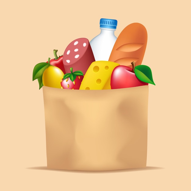 Sac en papier avec de la nourriture et des boissons Illustration vectorielle isolée sur fond blanc