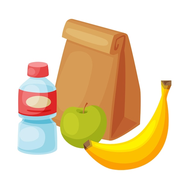 Vecteur un sac en papier avec un petit déjeuner sain, une bouteille en plastique d'eau, une illustration vectorielle de pomme et de banane