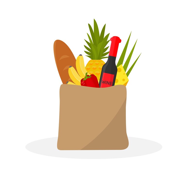 Vecteur sac en papier avec des produits alimentaires de grand magasin