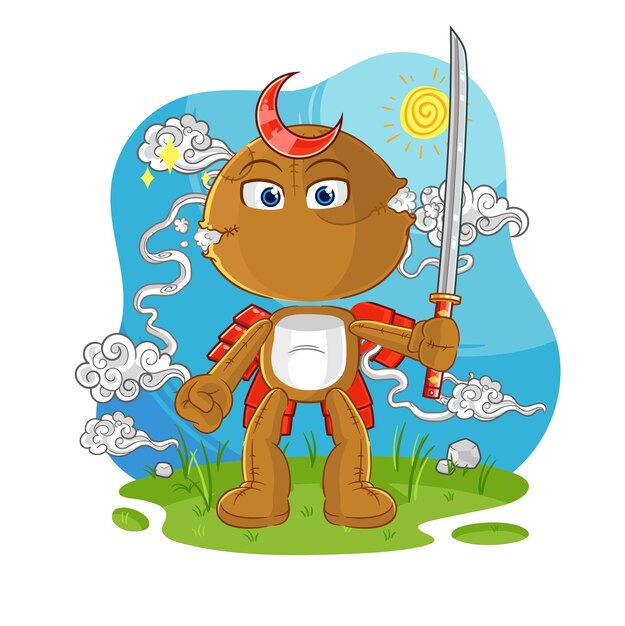 Sac poupée samouraï dessin animé mascotte vecteur