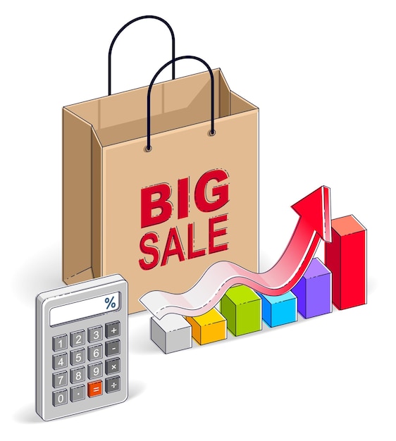 Sac à provisions avec calculatrice et statistiques de croissance, grande vente, vente au détail, vente au détail, remise Black Friday, sac en papier écologique isolé sur fond blanc. Vector illustration isométrique 3d.