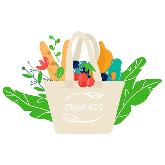 Vecteur sac à provisions écologique avec légumes fruits produits laitiers dans un filet de magasinage écologique réutilisable concept zéro déchet design plat et tendance dites non au sac en plastique