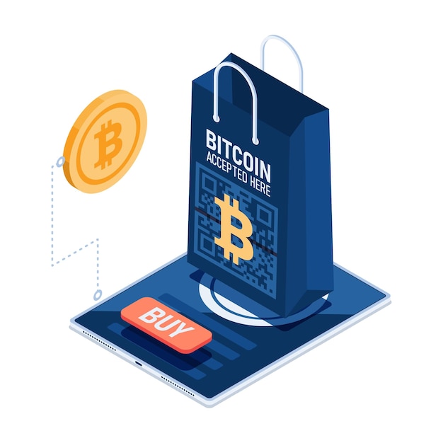 Sac à provisions isométrique 3d plat sur la boutique en ligne Accepter le paiement Bitcoin. Concept de paiement Bitcoin et Cryptocurrency.