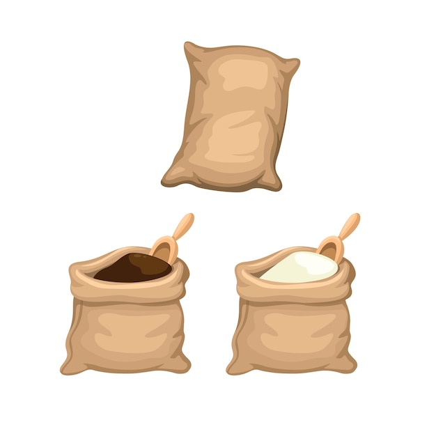 Sac de riz, de farine, de sel ou de café symbole d'ingrédient alimentaire défini vecteur d'illustration de dessin animé
