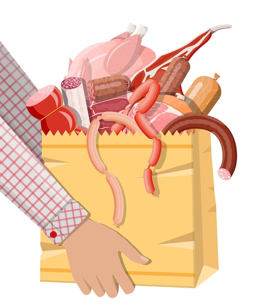 Sac De Supermarché Plein De Viande. Côtelette, Saucisses, Bacon, Jambon. Viande De Boeuf Marbrée. Boucherie, Steakhouse, Produits Bio De La Ferme. Nourriture D'épicerie. Steak Frais De Porc. Style Plat D'illustration Vectorielle