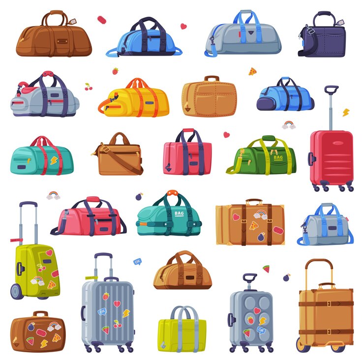 Vecteur sac à valises de voyage et coffre comme bagages emballés pour un ensemble de vecteurs de voyage