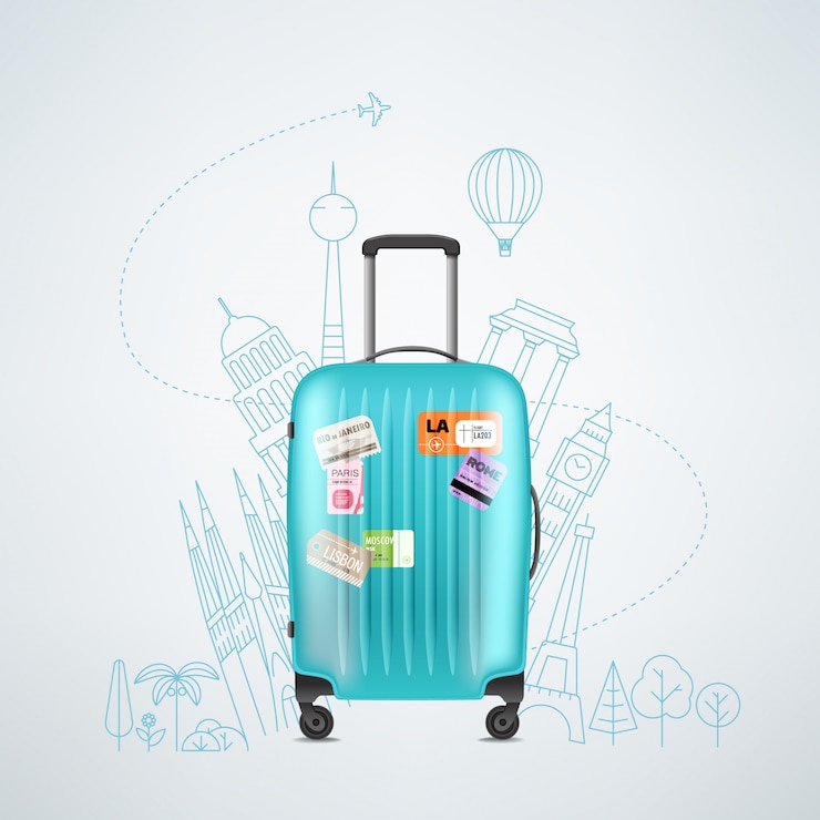 Vecteur sac de voyage en plastique couleur avec illustration de différents éléments de voyage