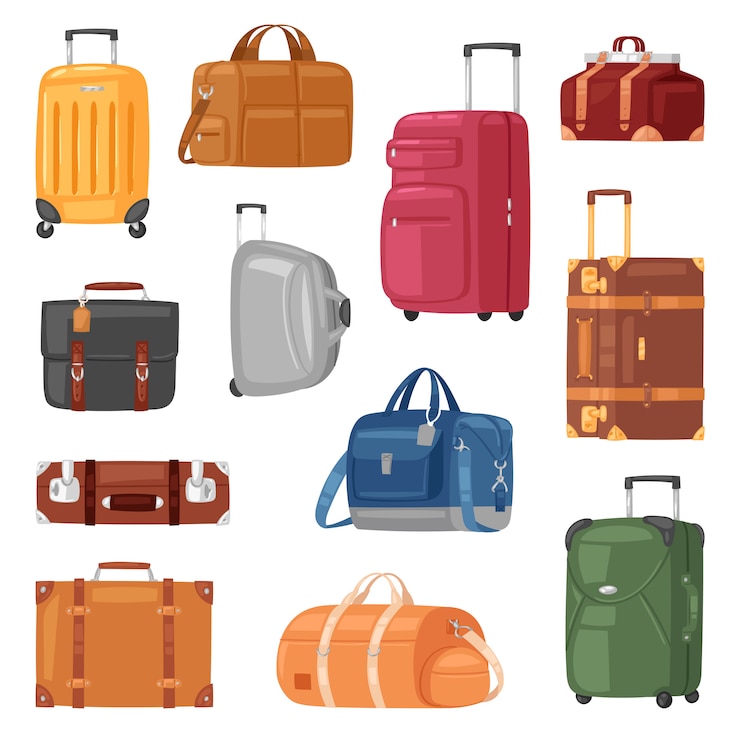 Vecteur sac de voyage valise à bagages pour voyage vacances tourisme illustration ensemble de bagages de voyage et tour aventure cas ou sac à main pour touriste sur fond blanc