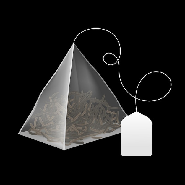 Sachet De Thé Réaliste Sachet Pyramidal Avec étiquette En Papier Vierge Sac à Infuseur De Boisson Jetable élément De Feuilles Sèches Noir Ou Vert Pour La Marque De Produit Illustration Vectorielle De Maquette D'objet 3d