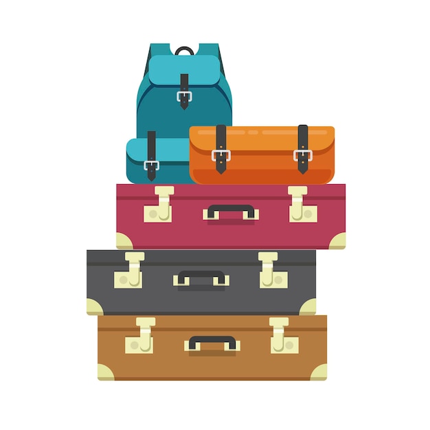 Vecteur sacs à bagages tas ou tas de bagages de voyage empilé isolé clipart vecteur plat dessin animé