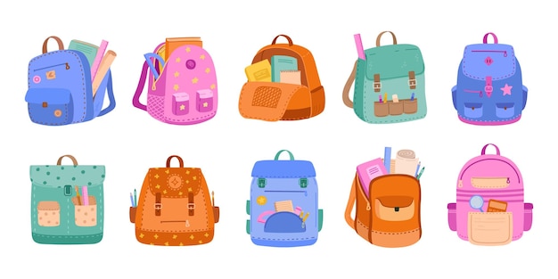 Sacs à Dos Scolaires Cartables Pour Enfants Sacs Enfantins Avec Fournitures Scolaires Livres Et Papeterie Ensemble Vectoriel D'accessoires D'éducation