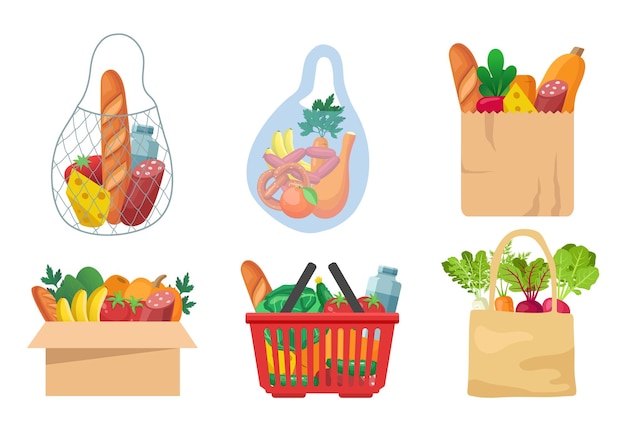 Sacs d'épicerie avec nourriture Ensemble de produits alimentaires emballés Illustration vectorielle